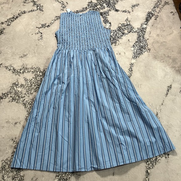 Loft Dress Womens Sz XLP Striped Poplin Smocked Bodice Midi Pocket Upstream Blue - Picture 5 of 9
